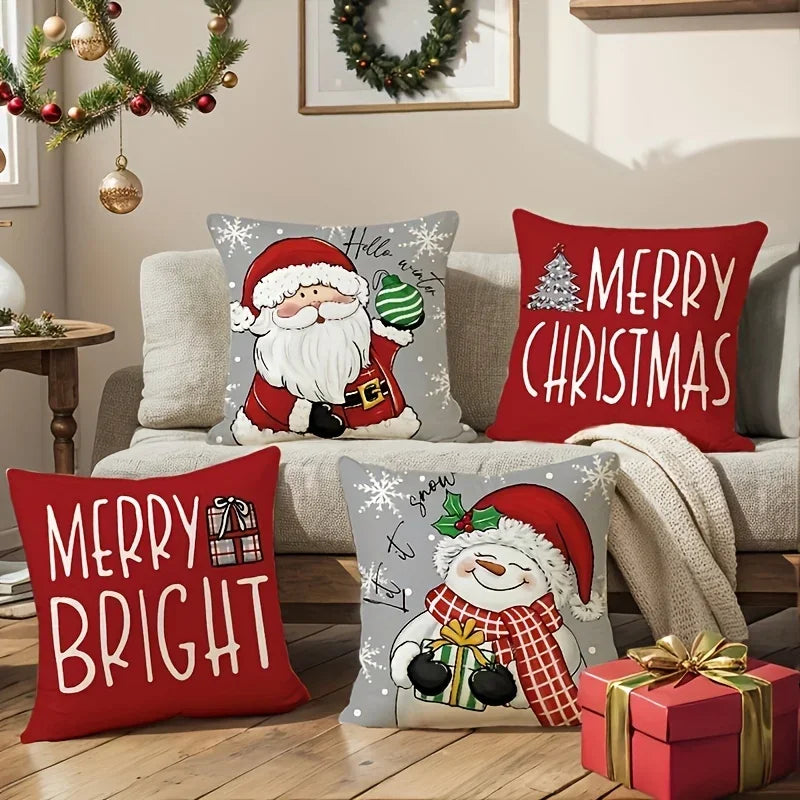 Christmas Pillow Covers Set of 4 – Santa & Snowman 18x18" Holiday Pillow Covers Babs