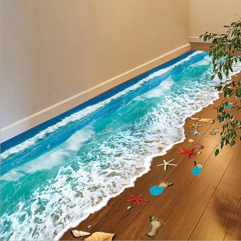 3D Wave Beach Floor Sticker Sky Blue – Waterproof PVC 50×70cm Floor Decal Sticker Babs
