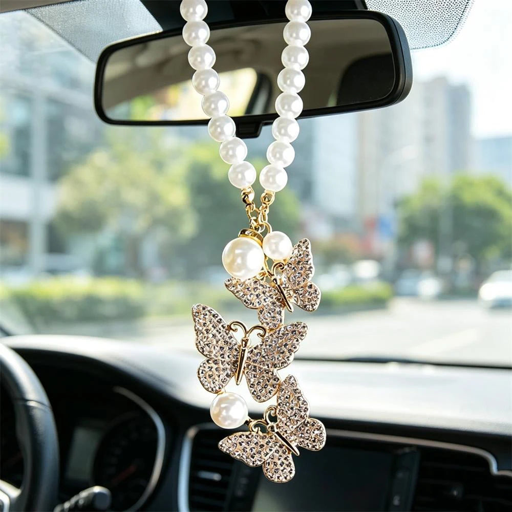 Pearl Butterfly Car Pendant – Rhinestone Alloy Rearview Charm Car Interior Pendant Babs