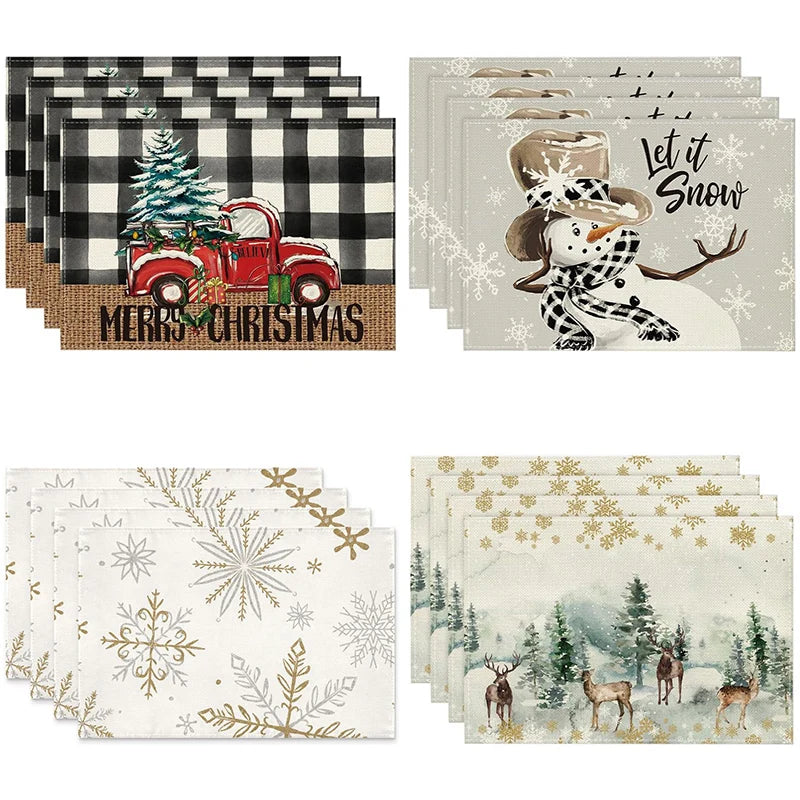 4Pcs Christmas Linen Placemats Set – Elk & Tree Table Mats Linen Placemats Set Babs