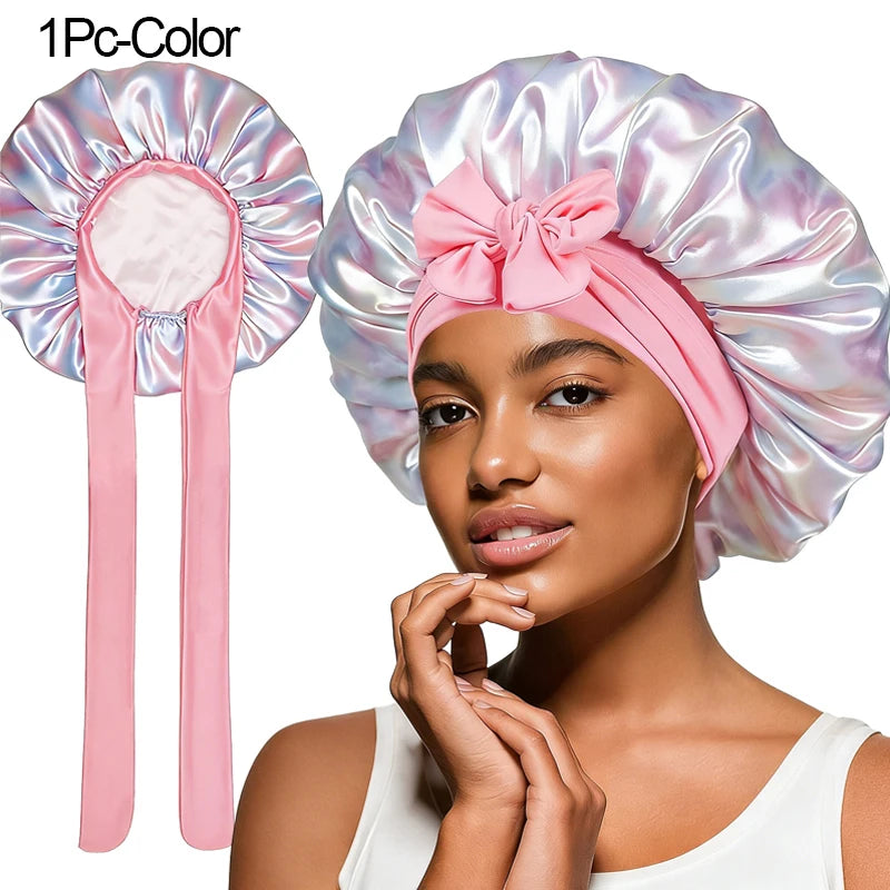 Satin Sleep Bonnet Cherry Print Lace-Up Hair Care Night Cap Satin Sleep Bonnet Babs 1Pc-Color