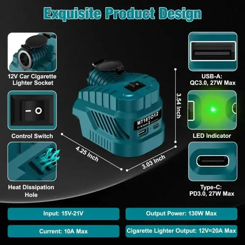 Makita 18V to 12V Converter – USB, Type-C & Cigarette Lighter Battery Power Converter Babs