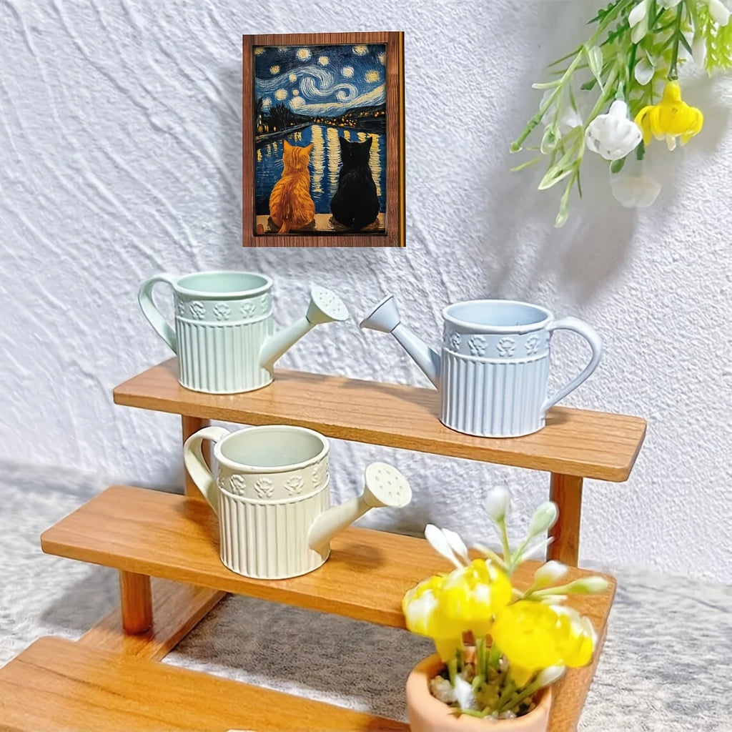 Mini Starry Night Cat Framed Art – Van Gogh Inspired Desk Decor Framed Desk Ornament Babs