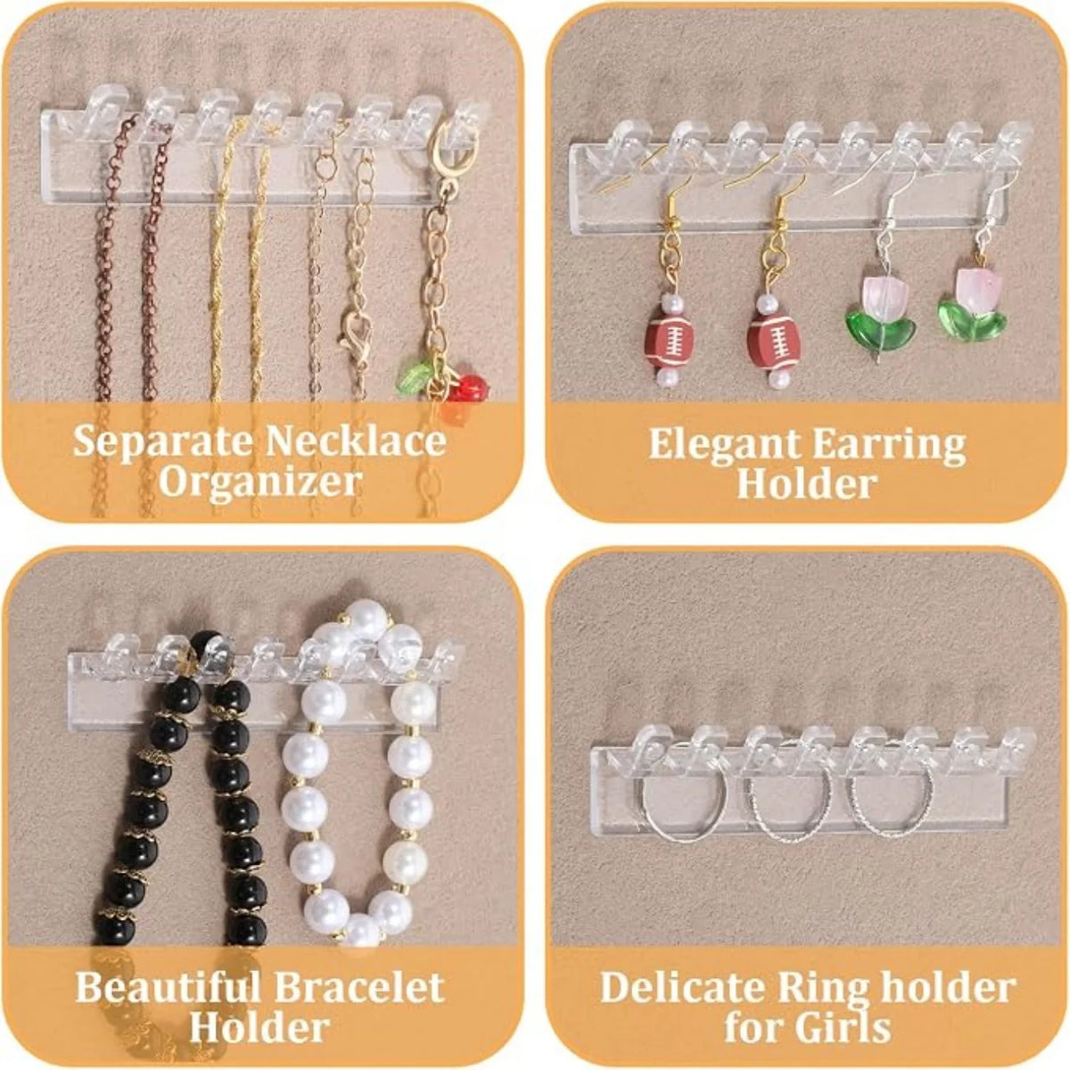 Wall Acrylic Necklace Holder – 8-Hook Jewelry Organizer (3/6 Pcs) Jewelry Wall Organizer Babs