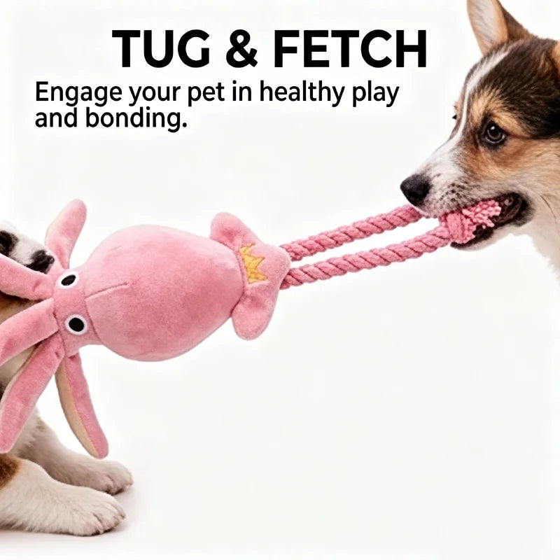 Pink Octopus Squeaky Dog Toy – Cotton Rope Chew & Tug Toy Interactive Dog Toy Babs