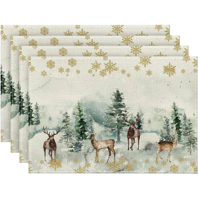 4Pcs Christmas Linen Placemats Set – Elk & Tree Table Mats Linen Placemats Set Babs SET-B Rectangle 45x30cm