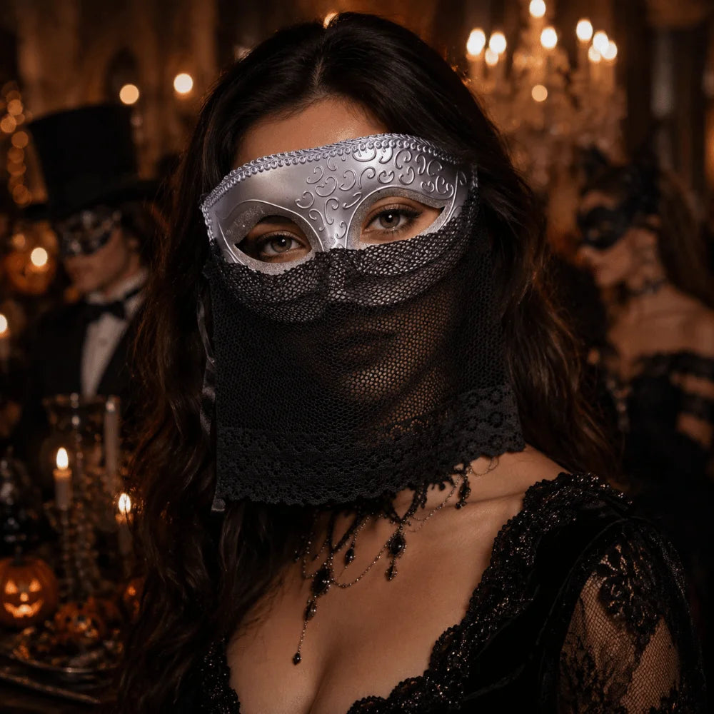 Venice Masquerade Half Face Mask with Veil | Retro Cosplay Masquerade Mask Babs