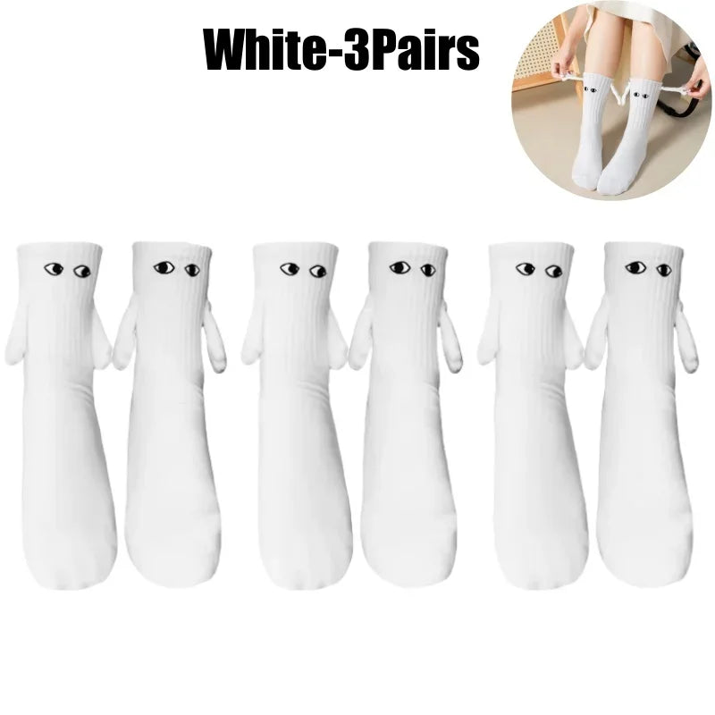 Magnetic Couple Socks | 3D Doll Eyes Hand-in-Hand Design Novelty Couple Socks Babs White-3Pairs One Size