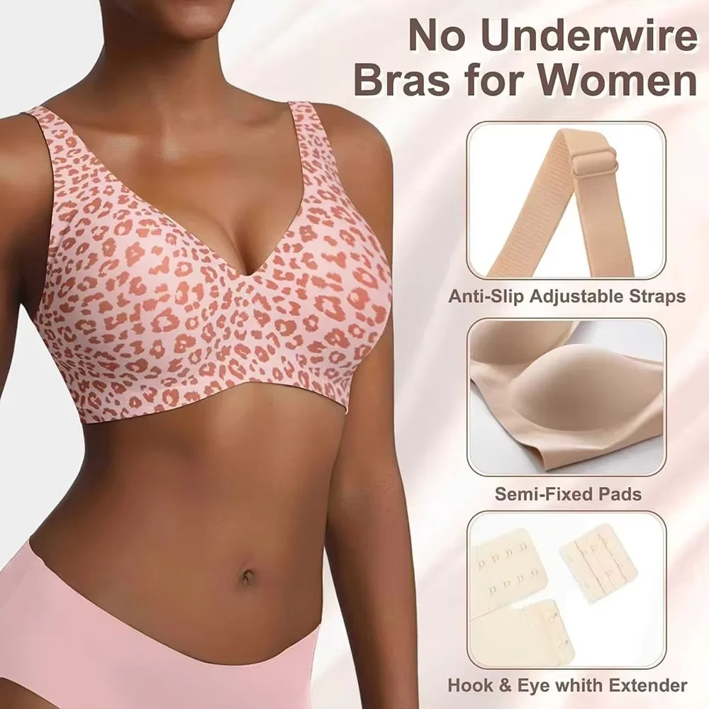 Pink Leopard Deep V Push Up Wireless Bra | Seamless Bralette Wireless Push Up Bra Babs
