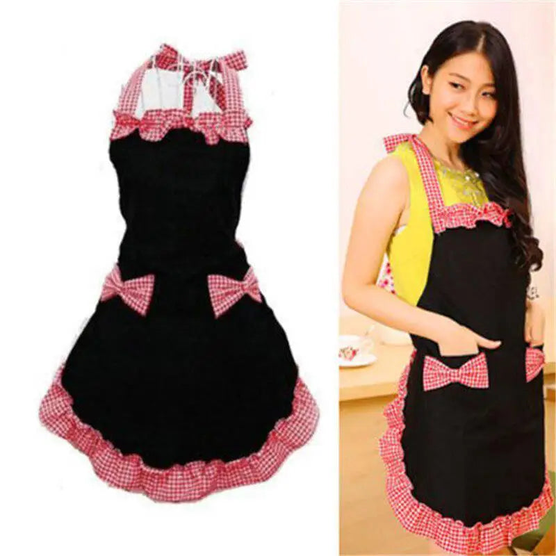 Women's Vintage Bib Apron Dress – Bowknot, Pocket, Canvas Kitchen Apron Dress Babs RedBlack