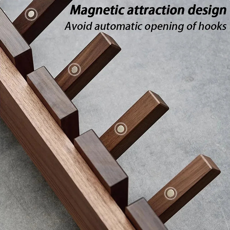 Solid Wood Wall-Mounted Coat Rack – 4 Magnetic Hooks | Walnut Wall-Mounted Coat Rack Babs