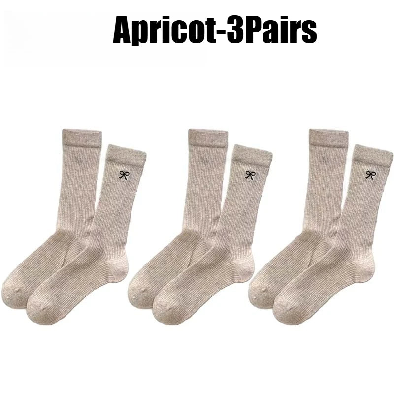 Bowknot Mesh Stacked Socks Korean Preppy Mid-Calf 1-5 Pairs Fashion Socks Babs Apricot-3Pairs 35-39