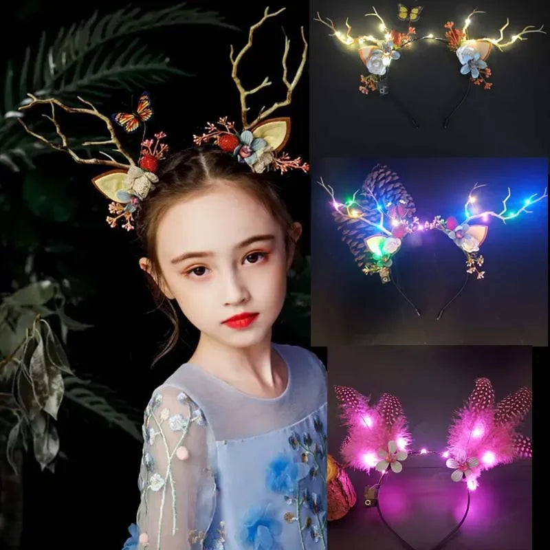 LED Reindeer Antler Headband – Deer Ear Flower Party Hairband LED Party Headband Babs