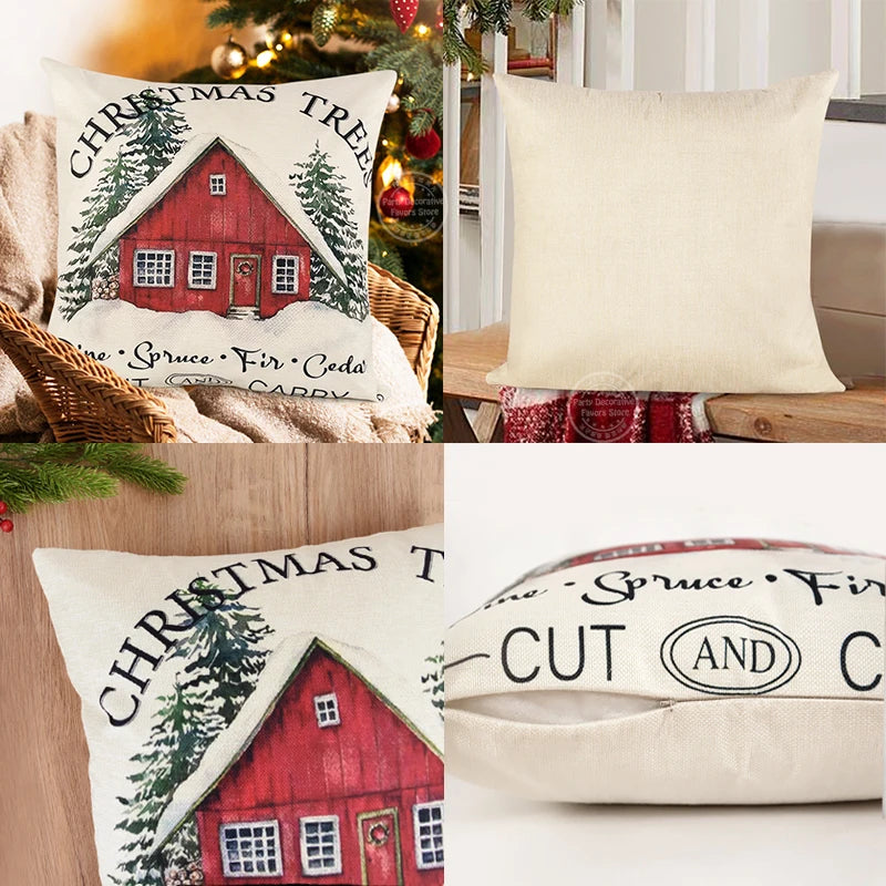 Linen Christmas Pillow Cover 45x45cm – Tree & Deer Design Christmas Cushion Cover Babs