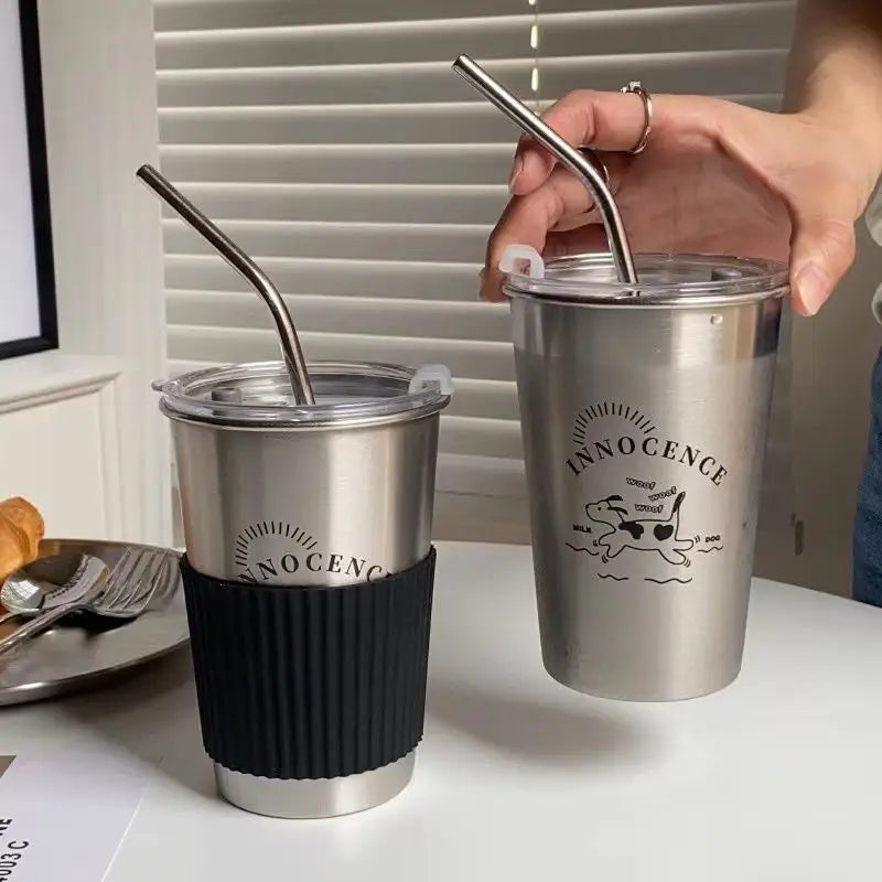Large Stainless Steel Straw Cup with Lid – Hot & Cold Drinks Stainless Steel Tumbler Babs