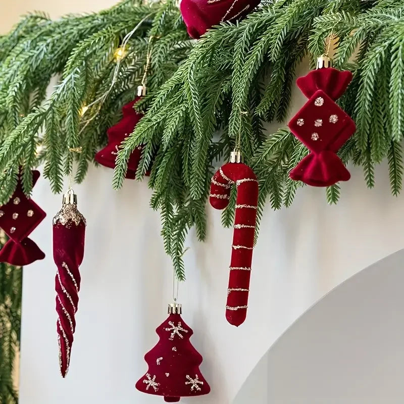 2pcs Velvet Christmas Ornaments – Burgundy Red Bell Candy Cane Christmas Tree Ornaments Babs