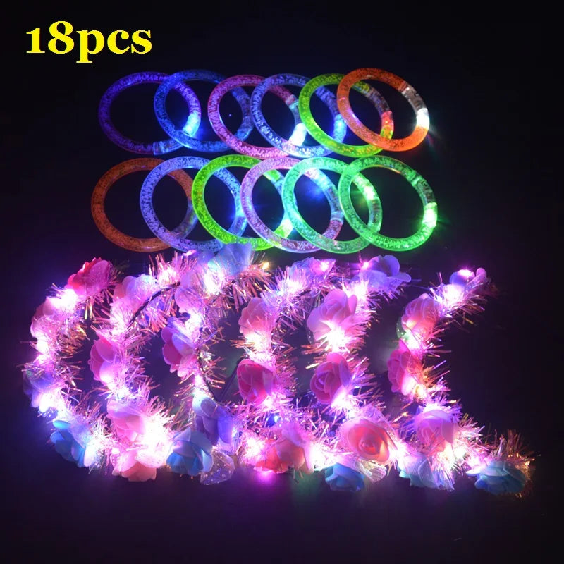 18pcs LED Flower Hair Wreath & Glow Bracelet Party Set LED Party Accessories Babs