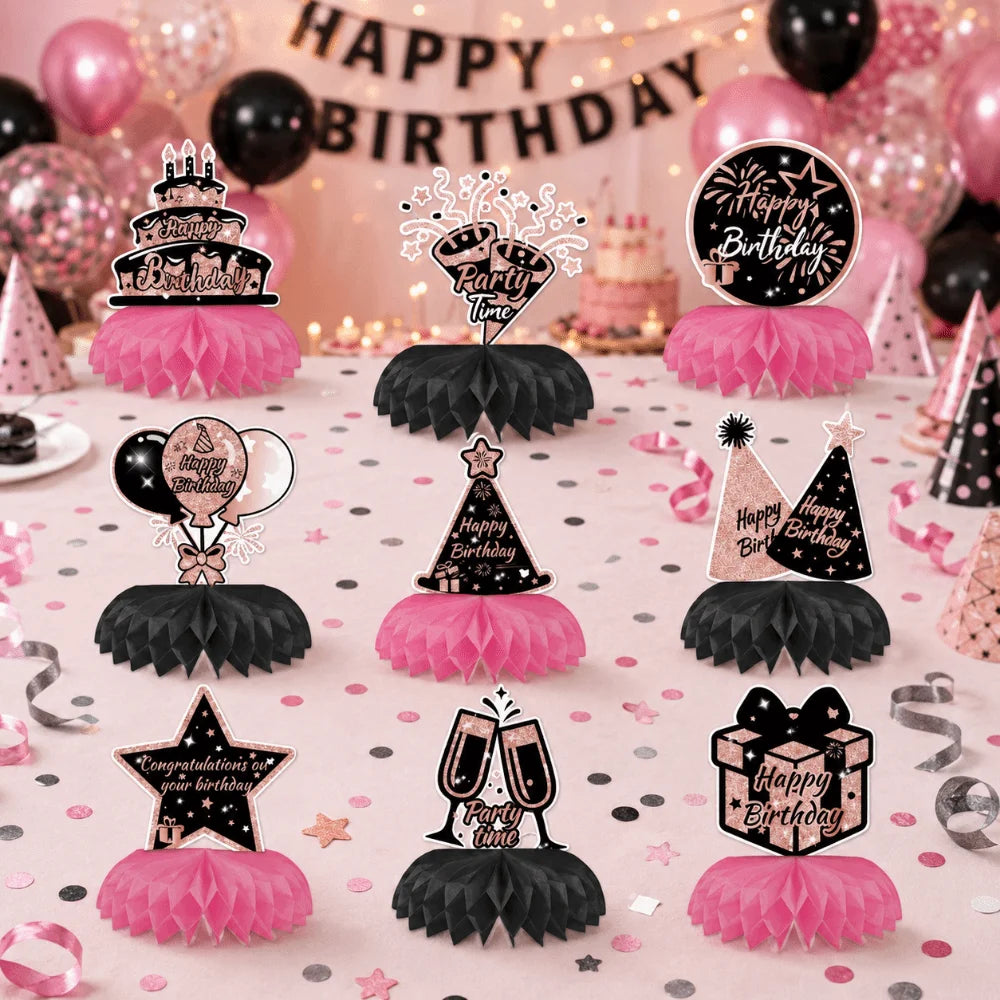 9-Piece 3D Birthday Paper Honeycomb Decorations Party Set Party Honeycomb Decor Babs
