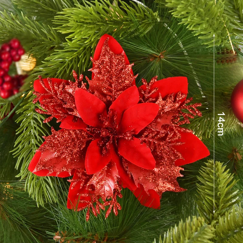 Glitter Artificial Christmas Flowers 5/10Pcs – 14cm Xmas Ornaments Christmas Flower Ornaments Babs