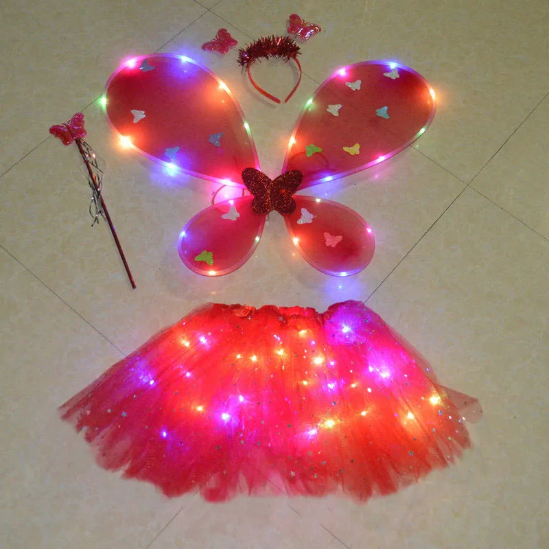 Girls Fairy Angel Glowing Butterfly Wings & Wand Costume Set Kids Costume Set Babs red