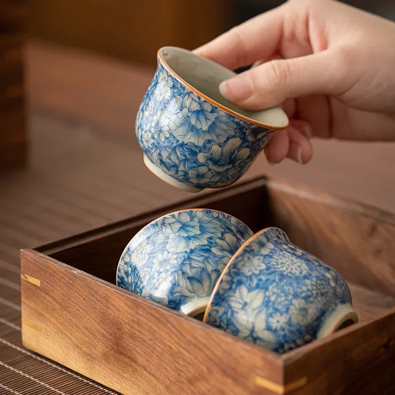 Ice Crack Porcelain Tea Cup – Blue & White Buddhist Retro Style Porcelain Tea Cup Babs