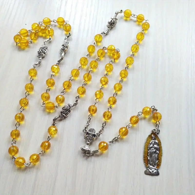 Orange Clear Rosary Bead Cross Necklace – Unisex Y-Shape Rosary Bead Necklace Babs 1pc