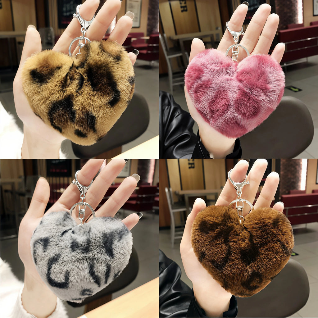 Leopard Fur Ball Keychain Heart Key Ring Bag Pendant Fur Ball Keychain Babs