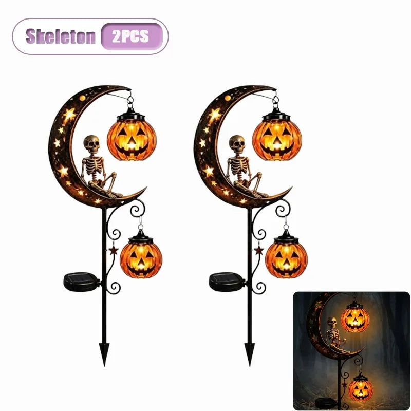 Solar Halloween Stake Lights – Black Cat & Pumpkin Moon Garden Solar Garden Stake Light Babs Skeleton-2PCS