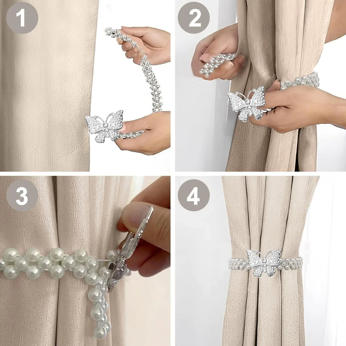 Bohemian Pearl Butterfly Curtain Tie Backs – Elastic Bow Clips Curtain Tie Backs Babs