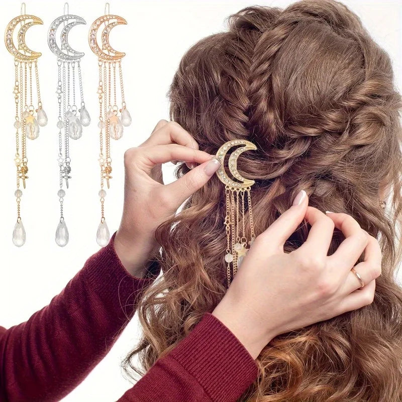 Moon Crescent Crystal Fringe Hairpin – Women's Hair Barrette Crystal Hair Barrette Babs