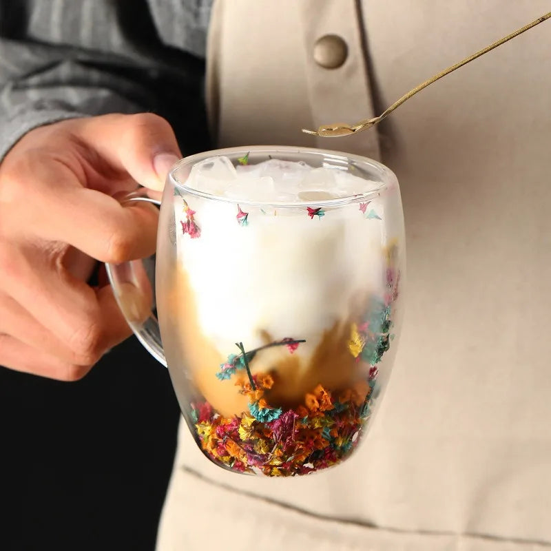 350ml Double-Walled Glass Coffee Mug | Floral Quicksand Design Glass Coffee Mug Babs