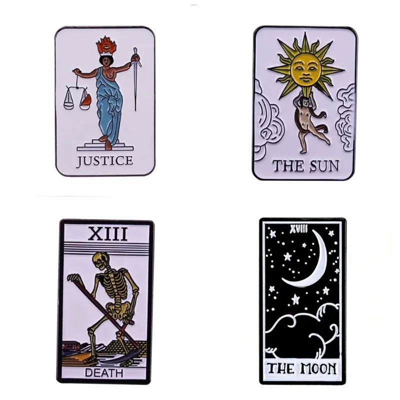 Tarot Card Enamel Pin Brooch – Moon, Sun & Justice Lapel Pin Enamel Lapel Pin Babs 4pcs