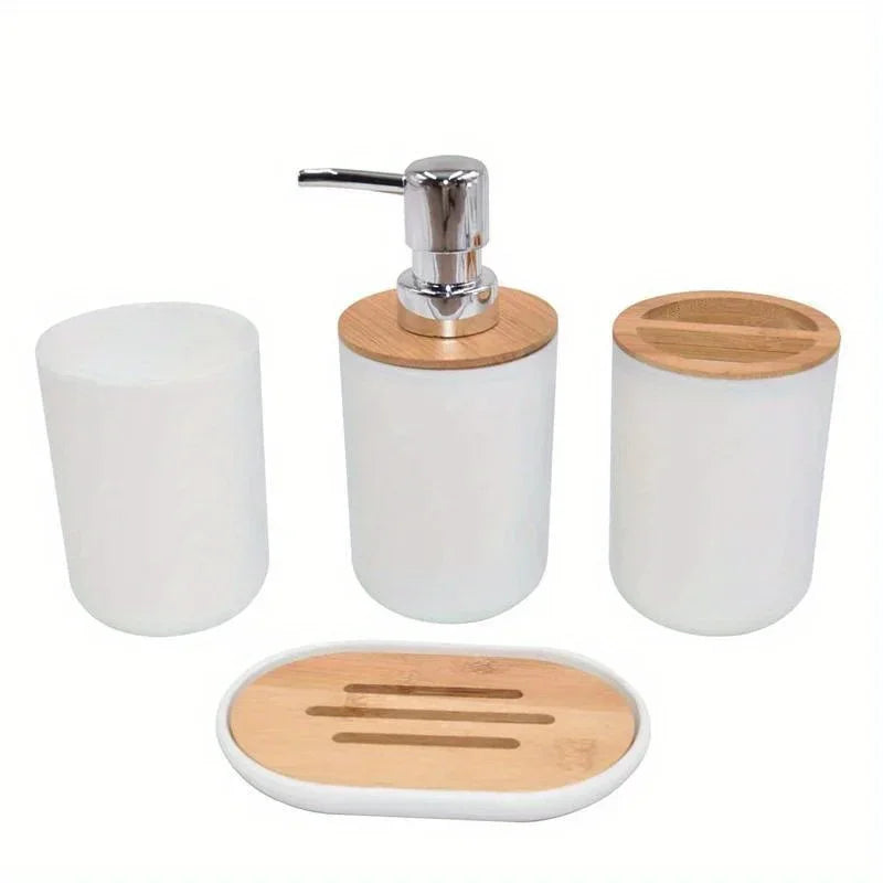 4-Piece Bamboo Bathroom Accessories Set – Dispenser, Soap Box & More Bathroom Accessory Set Babs white