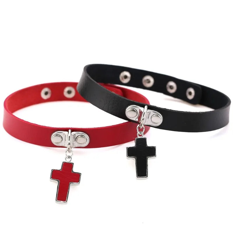 Black Cross Gothic Choker Necklace – PU Leather Punk Style Gothic Choker Necklace Babs