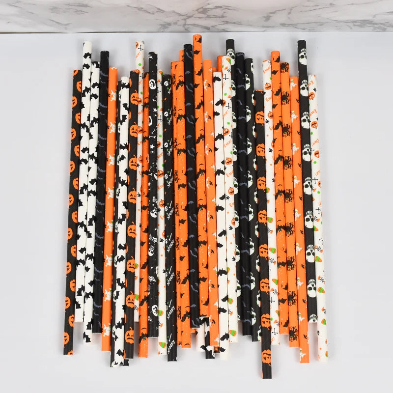 Halloween Paper Straws 25/50pcs – Pumpkin, Bat & Ghost Halloween Paper Straws Babs