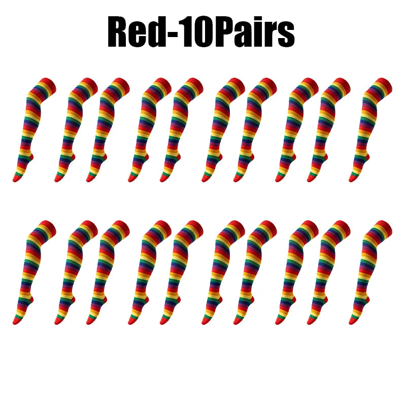 Rainbow Striped Thigh High Socks – Halloween Cosplay Party Thigh High Socks Babs Red 10Pairs as show