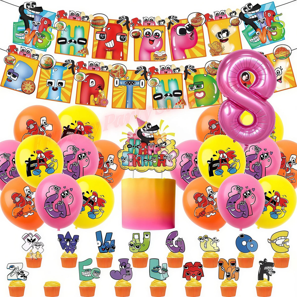 Alphabet Lore Birthday Party Supplies – Balloons & Backdrop Set Party Decoration Set Babs 1set-Number 8 12inch