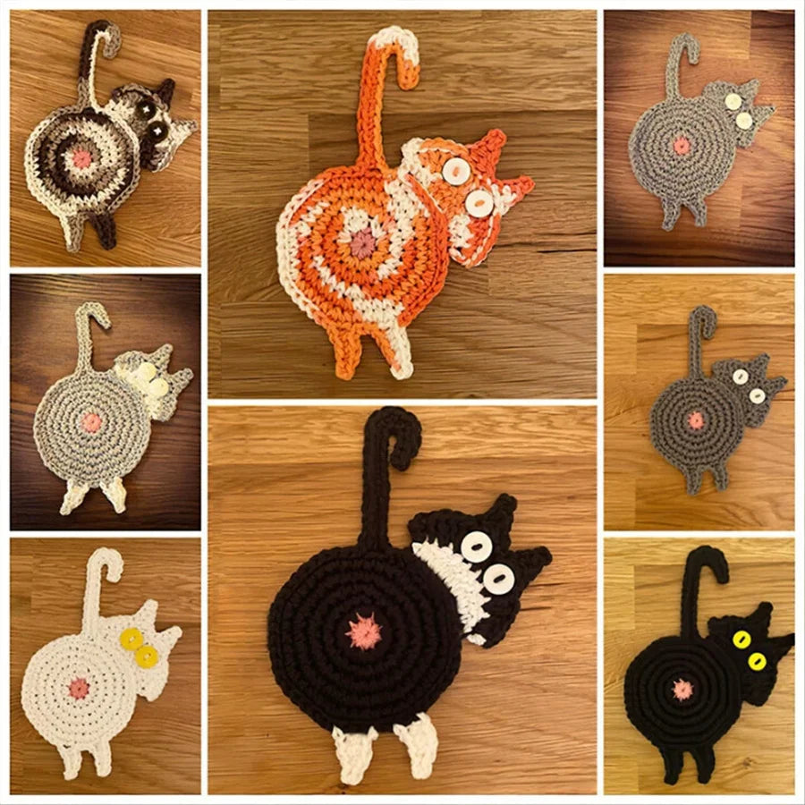 Hand-Crocheted Black Cat Coaster – Wool Cup Insulation Mat Cup Coaster Mat Babs