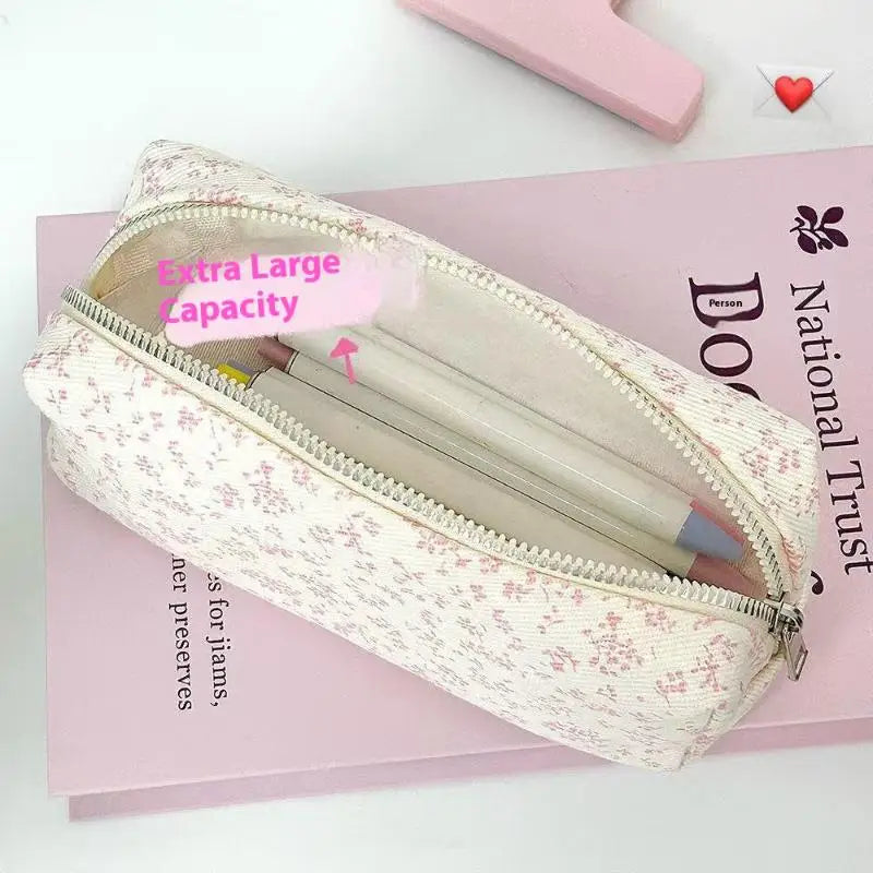 Large Capacity Pink Floral Canvas Pencil Case & Pen Pouch Canvas Pencil Case Babs
