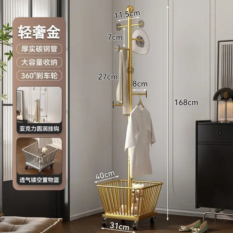 Standing Coat Rack with Basket – Metal Clothes Stand, 3 Hooks Standing Coat Rack Babs Gold-Thick Style