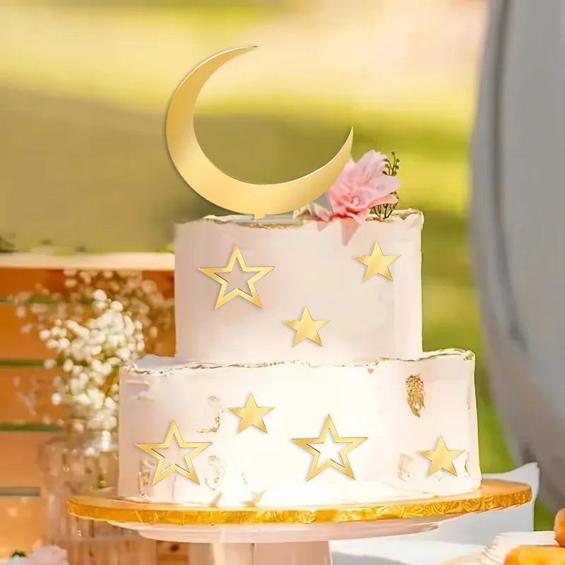 8-Piece Ramadan Moon & Star Golden Acrylic Cake Topper Set Acrylic Cake Topper Babs