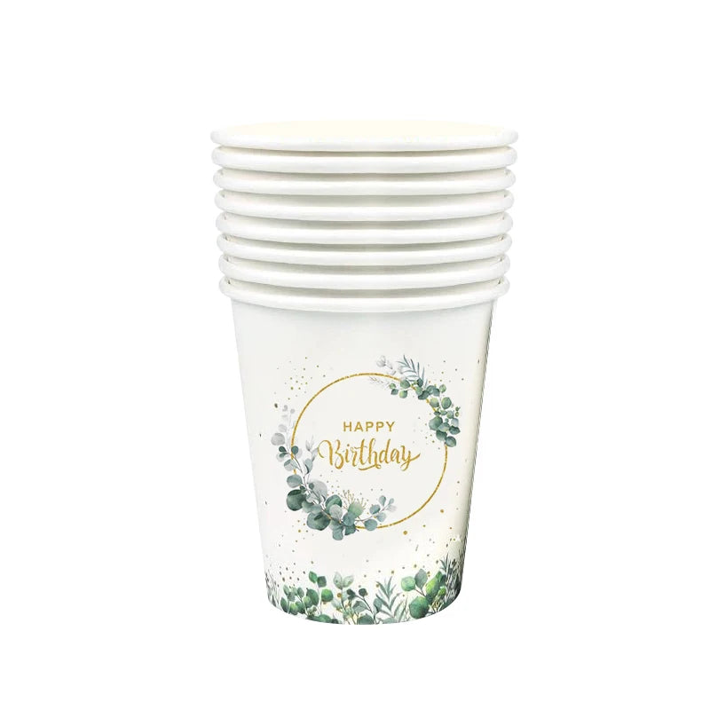 Eucalyptus Birthday Disposable Tableware Set – Plates, Cups & Napkins Disposable Party Tableware Babs