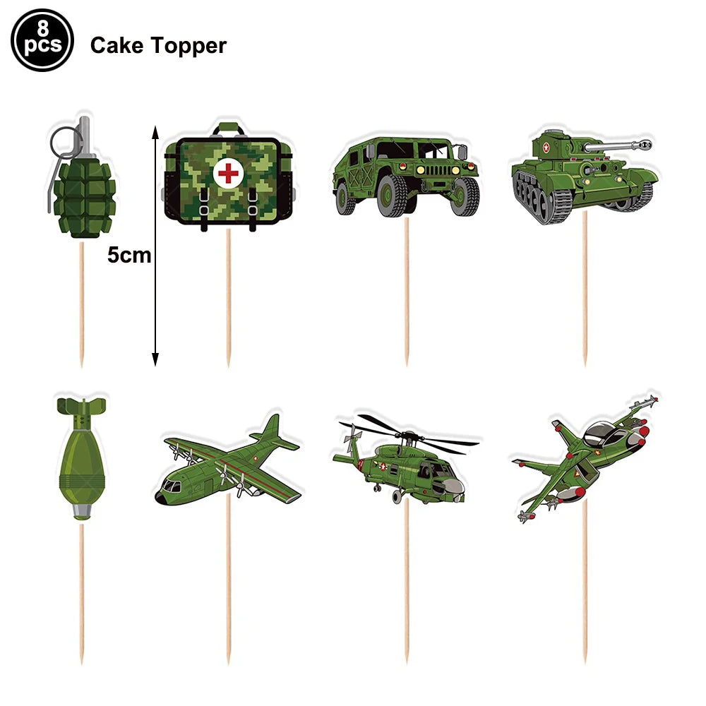 Military Camo Party Supplies – Plates, Cups & Balloons Set Party Tableware Set Babs 8pcs cake topper As pictures show