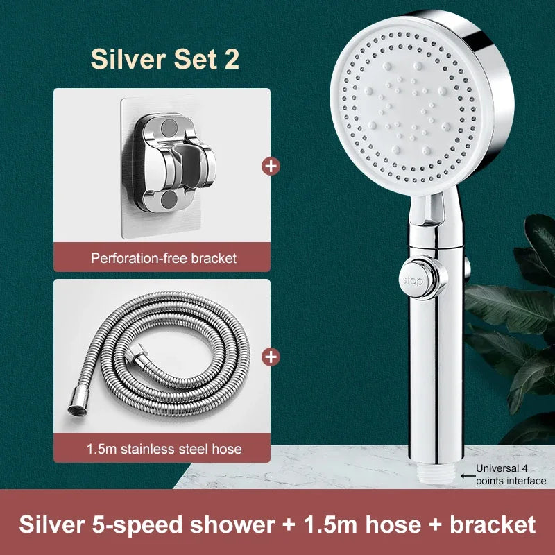 5-Mode High-Pressure Water-Saving Handheld Shower Head + Hose Handheld Shower Head Babs Silver shower set