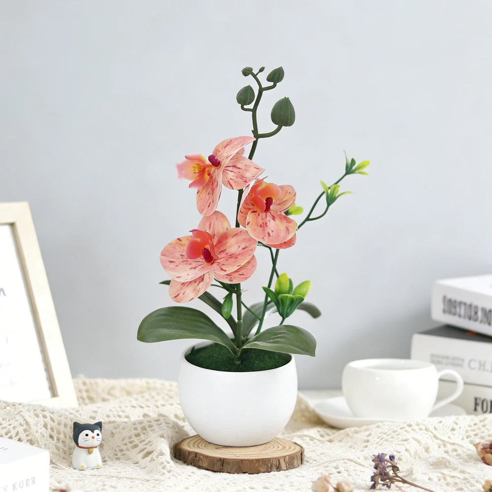 Butterfly Orchid Bonsai Artificial Flower with Vase – Home Décor Artificial Flower Arrangement Babs Spot Orange