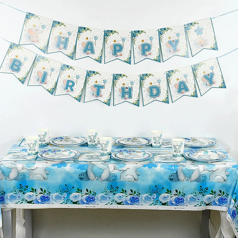 Blue Elephant Disposable Party Tableware – Baby Boy 1st Birthday Party Tableware Set Babs