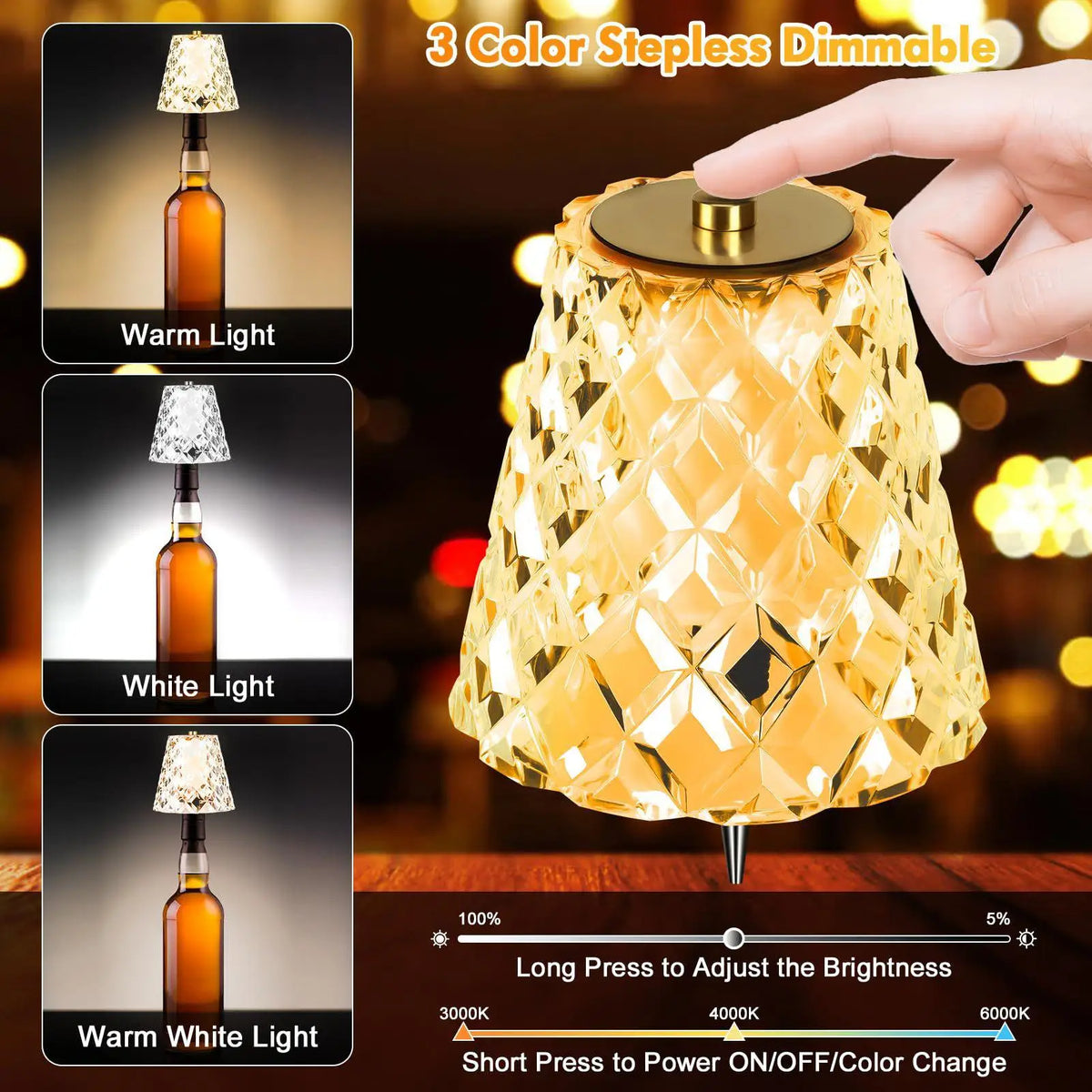 Wireless Wine Bottle Lamp – 3-Color Touch Dimming, USB-C Rechargeable Bottle Accent Lamp Babs