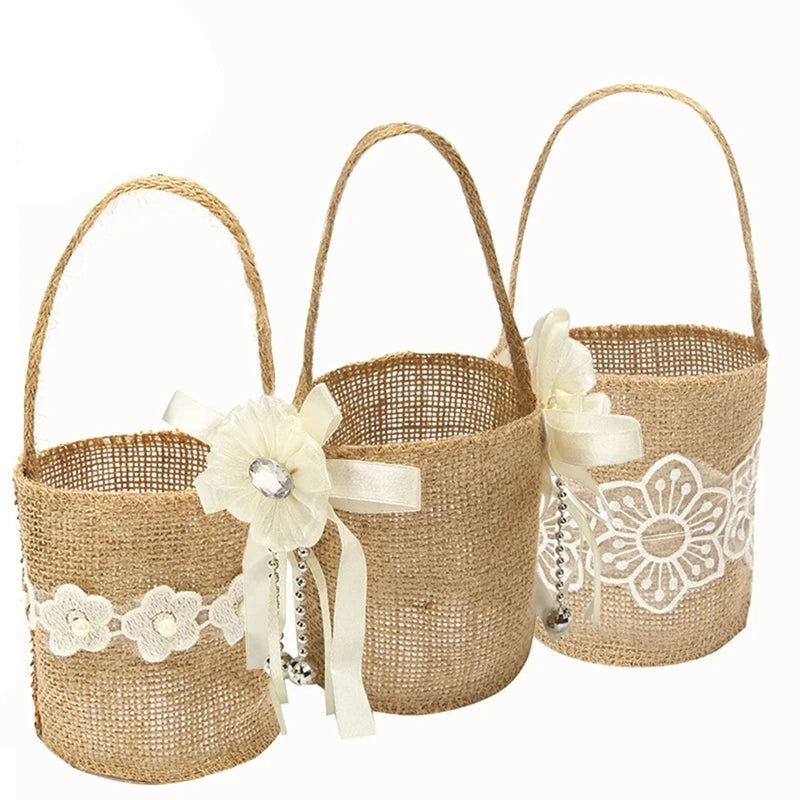 Rustic Lace Linen Flower Basket – Wedding & Party Gift Bag Decorative Flower Basket Babs