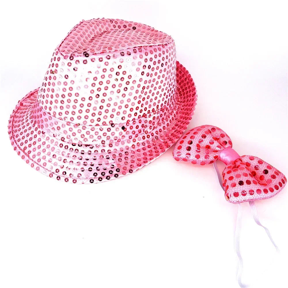LED Light Up Sequin Jazz Hat & Tie Set | Party Costume LED Party Costume Set Babs light up pink Adult size