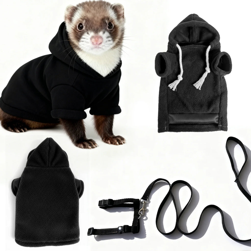Pet Ferret Hooded Outfit with Leash – Warm Soft Walking Harness Pet Ferret Outfit Babs D